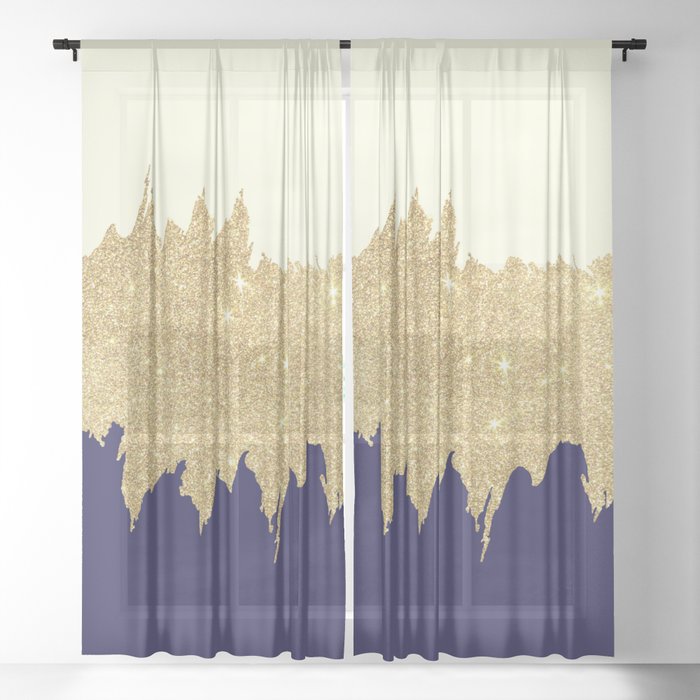 Navy Blue Ivory Faux Gold Glitter Brushstrokes Sheer Curtain By