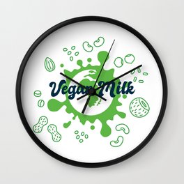 vegan milk, Nut and seed milk, Plant based milk, beans and grains, almond, soy, coconut, rice, oat, hemp, flax, peanut, cashewnut, hazelnut Wall Clock