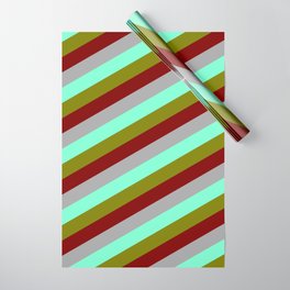 [ Thumbnail: Maroon, Dark Gray, Aquamarine & Green Colored Lined/Striped Pattern Wrapping Paper ]