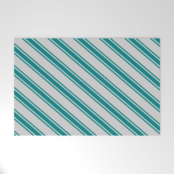 Light Gray & Teal Colored Lined Pattern Welcome Mat
