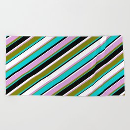 [ Thumbnail: Colorful Plum, Green, Dark Turquoise, Black, and White Colored Lined/Striped Pattern Beach Towel ]