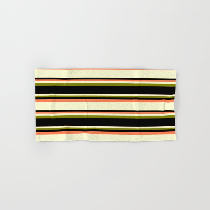 Coral, Light Yellow, Green, and Black Colored Lined/Striped Pattern Hand & Bath Towel