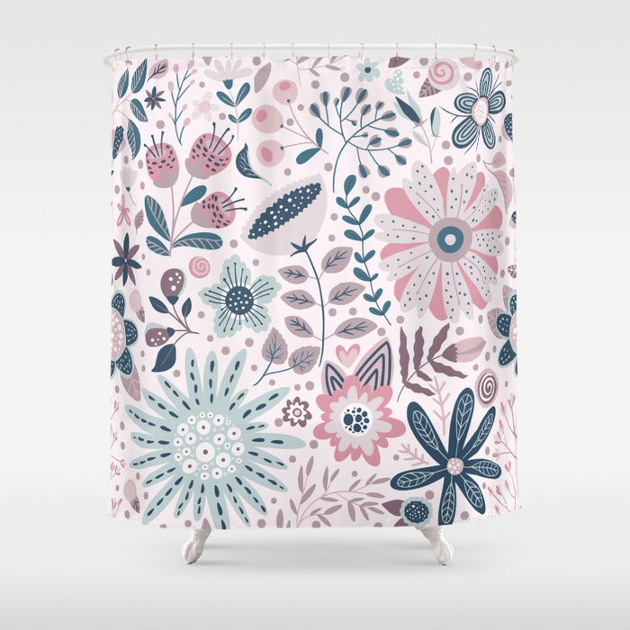 Whimsical Playful Flower Garden, Floral Prints Pink and Teal Shower Curtain