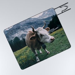 Switzerland Photography - Cow Eating Grass On The Swiss Green Fields Picnic Blanket