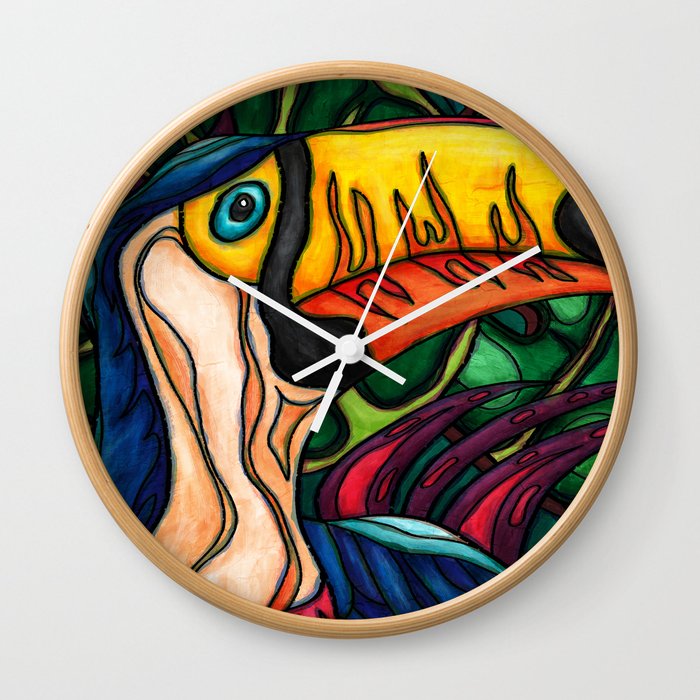 Toucan with yellow beak, on abstract jungle background Wall Clock