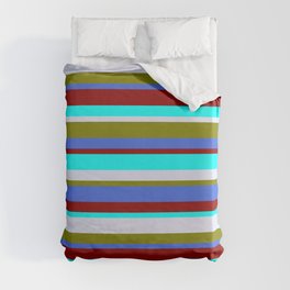 [ Thumbnail: Colorful Green, Royal Blue, Dark Red, Cyan & Lavender Colored Lined Pattern Duvet Cover ]