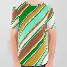 [ Thumbnail: Vibrant Aquamarine, Sienna, Goldenrod, White & Green Colored Lines/Stripes Pattern All Over Graphic Tee ]