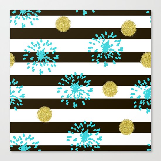 A festive mood. Striped background black and white with blue fireworks and Golden peas . Canvas Print