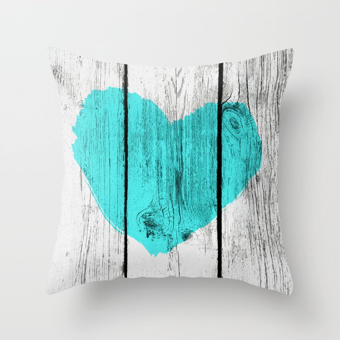 Teal Rustic Heart on Country Wood Throw Pillow