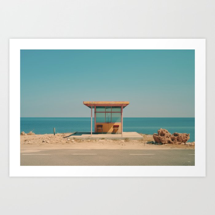 Minimalist bus stop by the ocean in California  Art Print