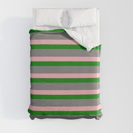 [ Thumbnail: Gray, Light Pink & Green Colored Lines/Stripes Pattern Duvet Cover ]