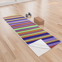 [ Thumbnail: Colorful Brown, Green, Chocolate, Blue, and Purple Colored Lined Pattern Yoga Towel ]