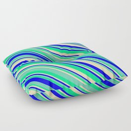 [ Thumbnail: Tan, Blue, Aquamarine & Green Colored Lines Pattern Floor Pillow ]