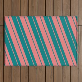 [ Thumbnail: Light Coral & Teal Colored Striped/Lined Pattern Outdoor Rug ]