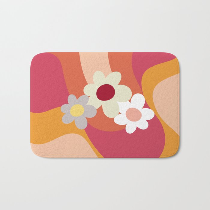 Retro style flowers and waves Bath Mat