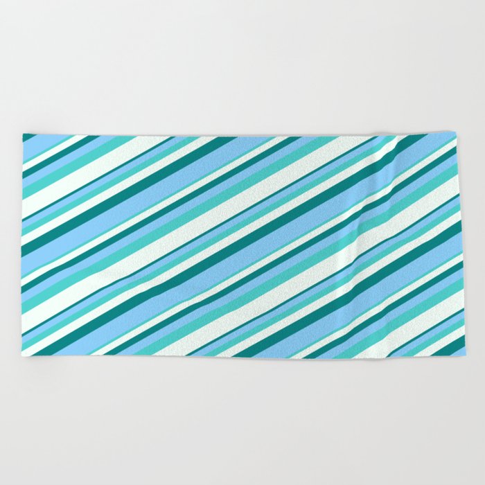 Teal, Light Sky Blue, Turquoise & Mint Cream Colored Striped Pattern Beach Towel