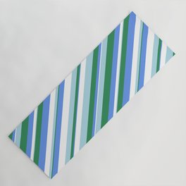 [ Thumbnail: Sea Green, Cornflower Blue, White & Light Blue Colored Striped/Lined Pattern Yoga Mat ]