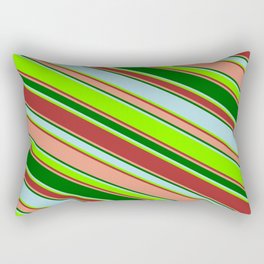 [ Thumbnail: Vibrant Powder Blue, Chartreuse, Brown, Dark Salmon & Dark Green Colored Lined/Striped Pattern Rectangular Pillow ]