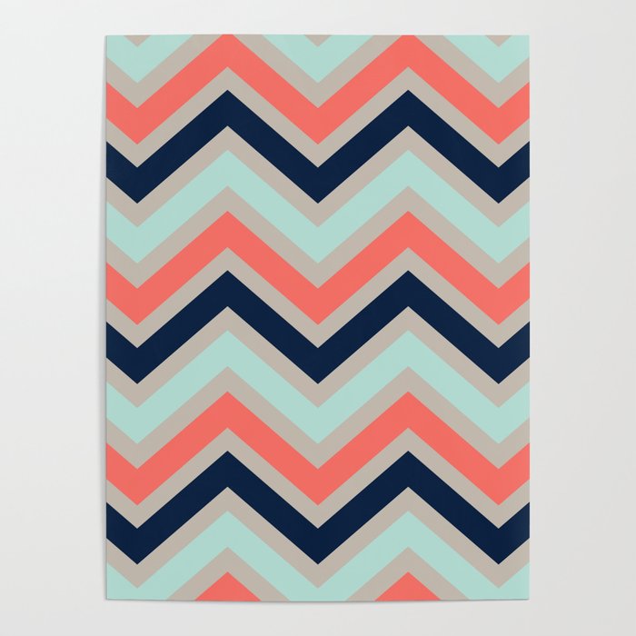 Chevron Coral Navy Beige Coral Poster