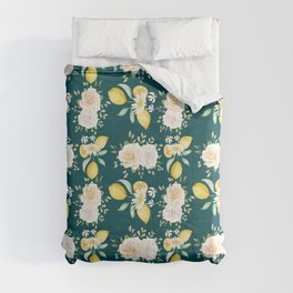 Lemons and White Flowers Pattern On Teal Blue Background Comforter