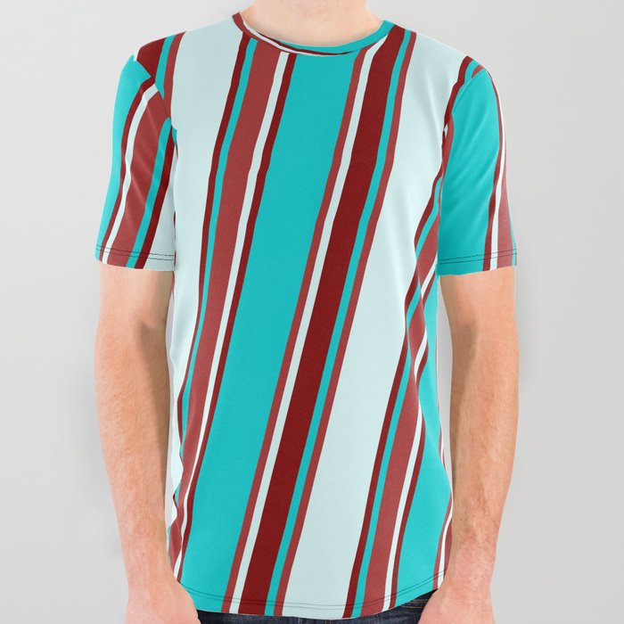 Dark Turquoise, Brown, Light Cyan, and Maroon Colored Lined/Striped Pattern All Over Graphic Tee