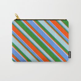 [ Thumbnail: Cornflower Blue, Forest Green, Red, and Powder Blue Colored Lines Pattern Carry-All Pouch ]