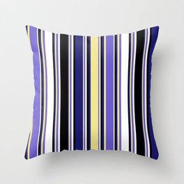 [ Thumbnail: Colorful Midnight Blue, Tan, Slate Blue, White, and Black Colored Lined/Striped Pattern Throw Pillow ]