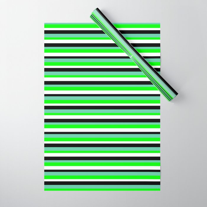 Aquamarine, Lime, White, and Black Colored Lined/Striped Pattern Wrapping Paper