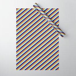 [ Thumbnail: Dark Khaki, Turquoise, Dark Blue, and Chocolate Colored Stripes/Lines Pattern Wrapping Paper ]