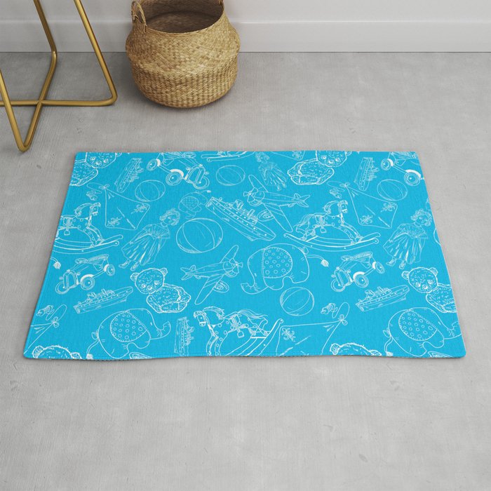 Turquoise and White Toys Outline Pattern Rug