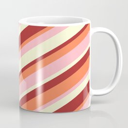 [ Thumbnail: Light Yellow, Brown, Coral & Light Pink Colored Stripes/Lines Pattern Coffee Mug ]