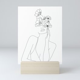 Minimal Line Art Woman with Flowers Mini Art Print