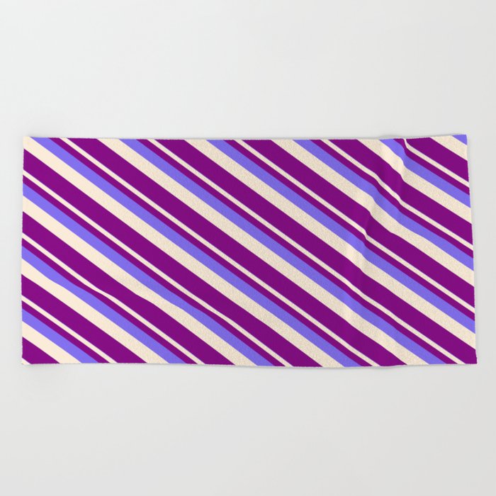 Medium Slate Blue, Beige & Purple Colored Stripes/Lines Pattern Beach Towel