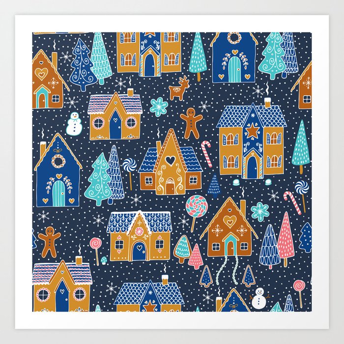 Gingerbread Houses in the snow Art Print