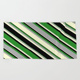 [ Thumbnail: Forest Green, Dark Grey, Light Yellow, and Black Colored Pattern of Stripes Beach Towel ]