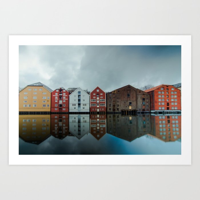 Old centre of Trondheim, Norway with bad weather | Reflections Scandinavian houses | Travel Architecture Photography Art Print