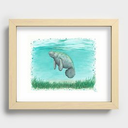 "Mossy Manatee" by Amber Marine ~ Watercolor & Ink Painting, (Copyright 2016) Recessed Framed Print