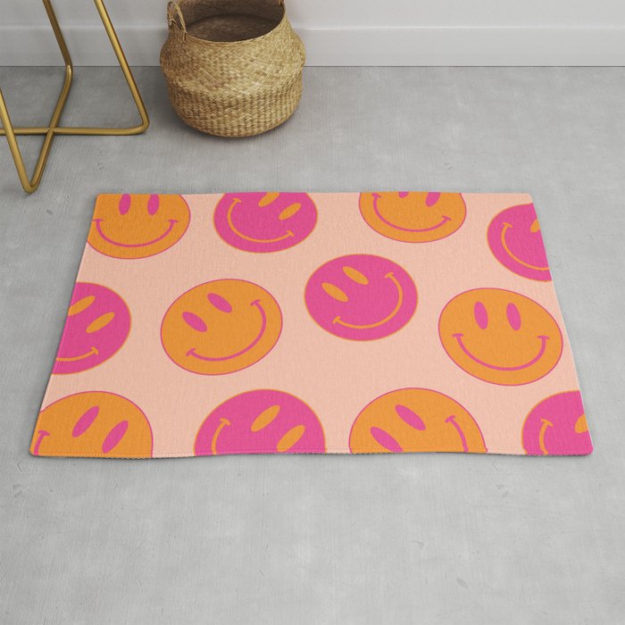 Large Pink and Orange Groovy Smiley Face Pattern - Retro Aesthetic  Rug