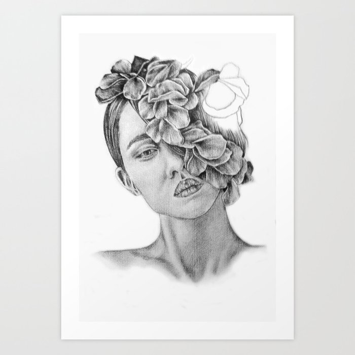 Art Pencil Drawing Illustration Portrait Model Flowers
