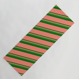 [ Thumbnail: Forest Green, Dark Green & Salmon Colored Stripes Pattern Yoga Mat ]