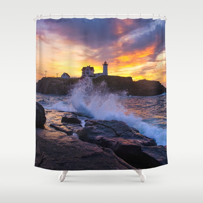 Mother Nature's Canvas- Nubble Lighthouse Sunrise Shower Curtain