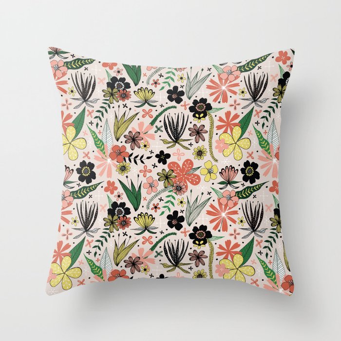 pink yellow and black floral Throw Pillow