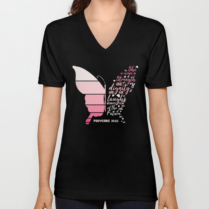 Breast Cancer Awareness Butterfly V Neck T Shirt