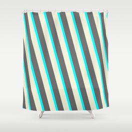 [ Thumbnail: Cyan, Beige & Dim Grey Colored Lines Pattern Shower Curtain ]