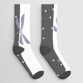 Purple Dragonfly dandelion seeds Christmas seamless pattern and Snow white Confetti on Dark Grey and White Stripes Background Socks