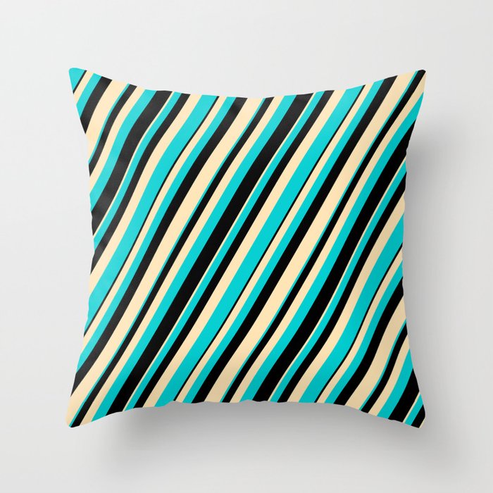 Beige, Dark Turquoise & Black Colored Lines/Stripes Pattern Throw Pillow