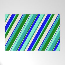 [ Thumbnail: Vibrant Aquamarine, Light Sea Green, Green, Beige, and Blue Colored Lines Pattern Welcome Mat ]