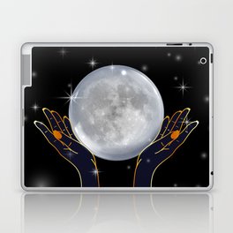 Womans hands holding the moon on a starry night Laptop Skin