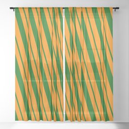 [ Thumbnail: Dark Orange & Dark Green Colored Striped/Lined Pattern Sheer Curtain ]
