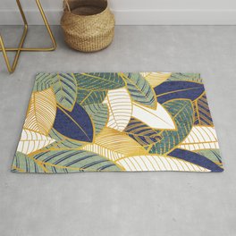 Leaf wall // navy blue pine and sage green leaves golden lines Area & Throw Rug